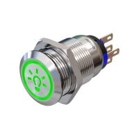 Metzler - Push button latching 19mm - LED Symbol Light 230 V Green - IP67 IK10 - Stainless steel - Flat - Soldering contacts