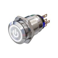Metzler - Push button momentary 19mm - LED Symbol Power White - IP67 IK10 - Stainless steel - Flat - Soldering contacts