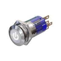 Metzler - Bouton poussoir maintenu 16mm - Symbole LED Power Blanc - IP67 IK10 - Acier inoxydable - Plat - Contacts de soudage