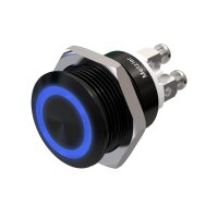Metzler - Bouton poussoir momentané 19mm - Illumination annulaire LED Bleu - IP67 IK10 - Aluminium - Plat - Connexion par soudage