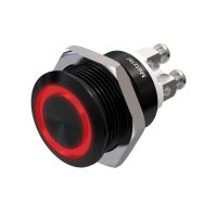 Metzler - Bouton poussoir momentané 19mm - Illumination annulaire LED Rouge - IP67 IK10 - Aluminium - Plat - Connexion par soudage