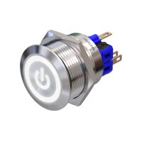 Metzler - Push button latching 25mm - LED Symbol Power 230 V White - IP67 IK10 - Stainless steel - Flat - Soldering contacts