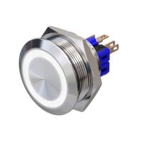Metzler - Bouton poussoir momentané 30mm - Illumination annulaire LED Blanc - IP67 IK10 - Acier inoxydable - Plat - Contacts de soudage