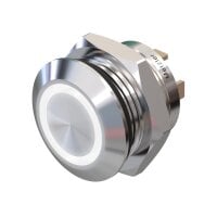 Metzler - Bouton poussoir momentané 12mm - Illumination annulaire LED Blanc - IP67 IK10 - Acier inoxydable - Plat - Connexion par câble JST