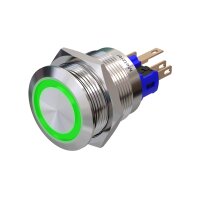 Metzler - Push button latching 22mm - LED Circular Illumination Green - IP67 IK10 - Stainless steel - Flat - Soldering contacts