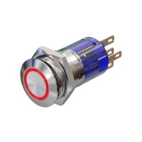 Metzler - Push button latching 16mm - LED Circular Illumination Red - IP67 IK10 - Stainless steel - Flat - Soldering contacts
