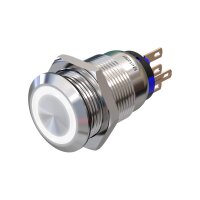 Metzler - Bouton poussoir maintenu 19mm - Illumination annulaire LED Blanc - IP67 IK10 - Acier inoxydable - Plat - Contacts à souder